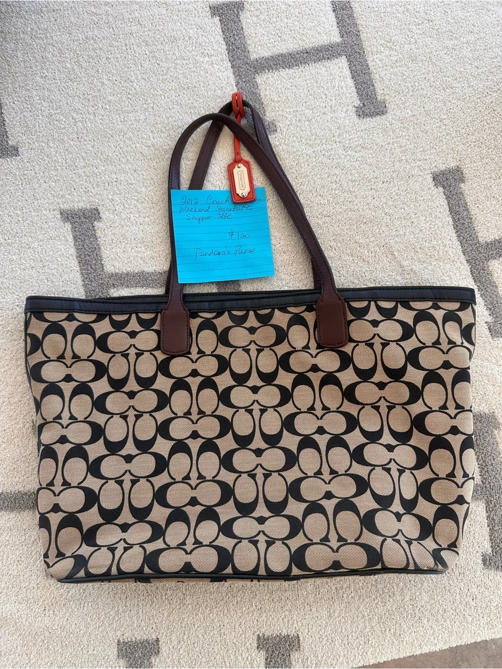 Coach Canvas Tote in Khaki and Black with Brown Leather Trim